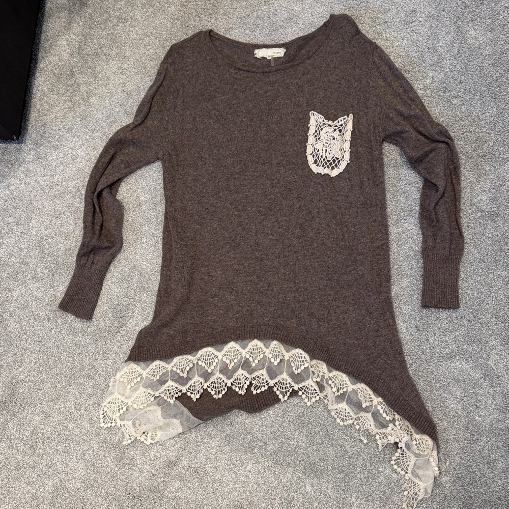 Brown Sweater with Lace Trim